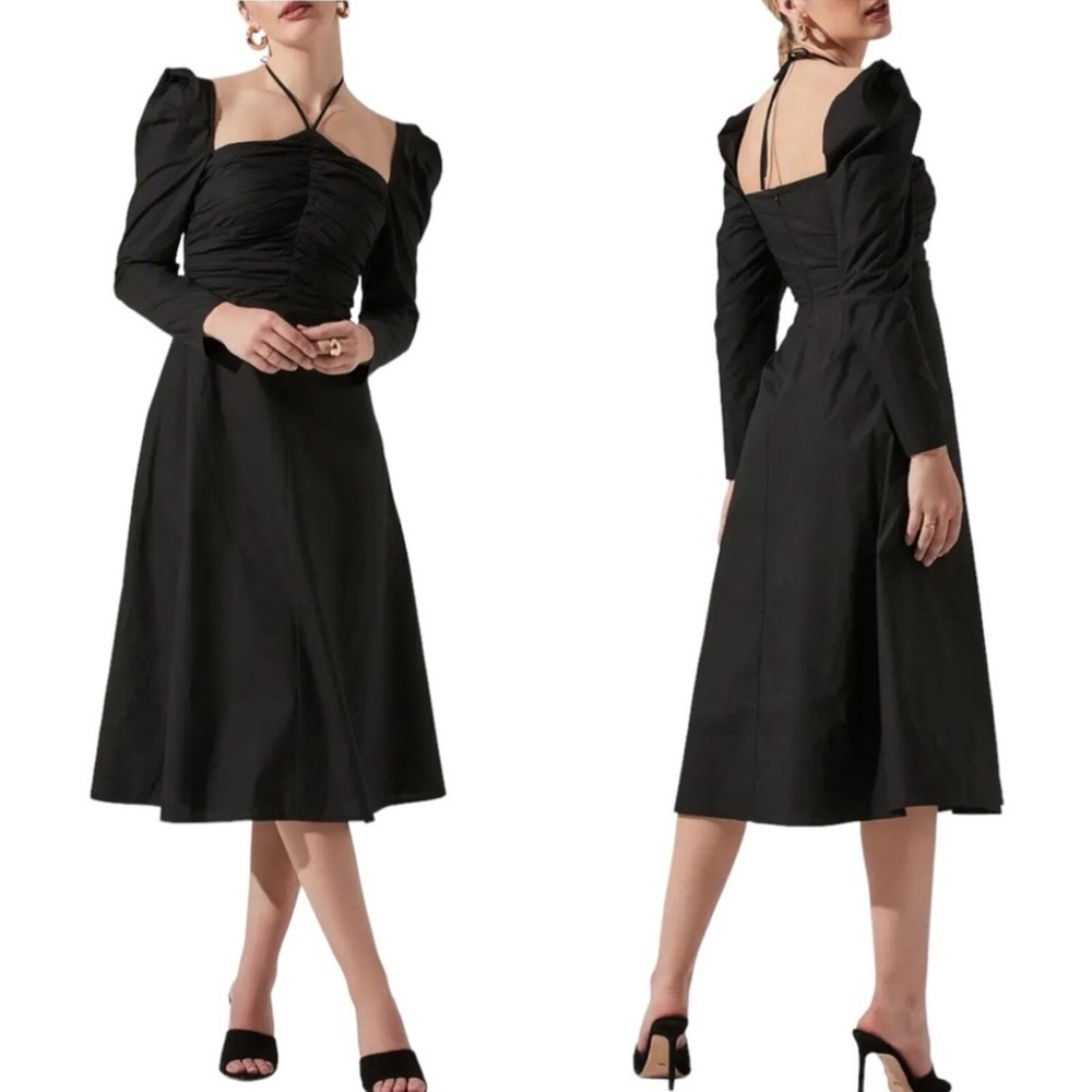 NEW ASTR The Label BLACK Cotton RUCHED Bodice PUFF SLEEVE Tie Neck MIDI DRESS XS